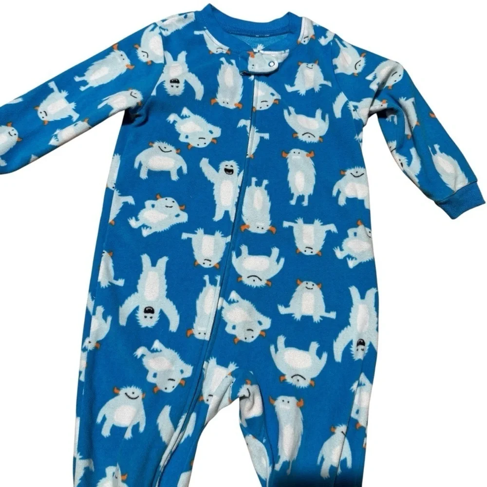 Carter’s Blue White Fleece Pajama Footed Snow Monsters Toddler Boy 3T